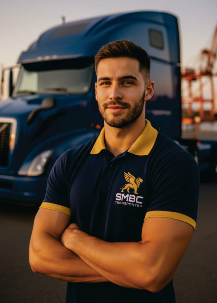 Caminhoneiro da SMBC Transportes em terminal de Santos SP com caminhão azul de fundo